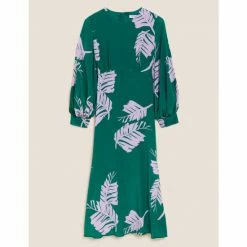 Autograph Cupro Rich Leaf Print Waisted Midaxi Dress Women Green Mix