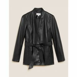 Autograph Leather Belted Collarless Longline Jacket Women Black