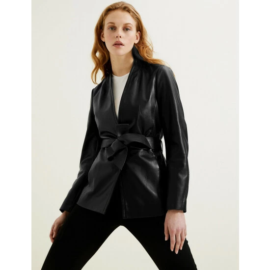 Autograph Leather Belted Collarless Longline Jacket Women Black 3 Autograph Leather Belted Collarless Longline Jacket Women Black - Image 3