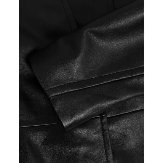 Autograph Leather Belted Collarless Longline Jacket Women Black 6 Autograph Leather Belted Collarless Longline Jacket Women Black - Image 6