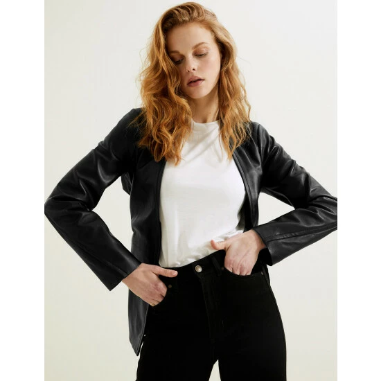 Autograph Leather Belted Collarless Longline Jacket Women Black 7 Autograph Leather Belted Collarless Longline Jacket Women Black - Image 7