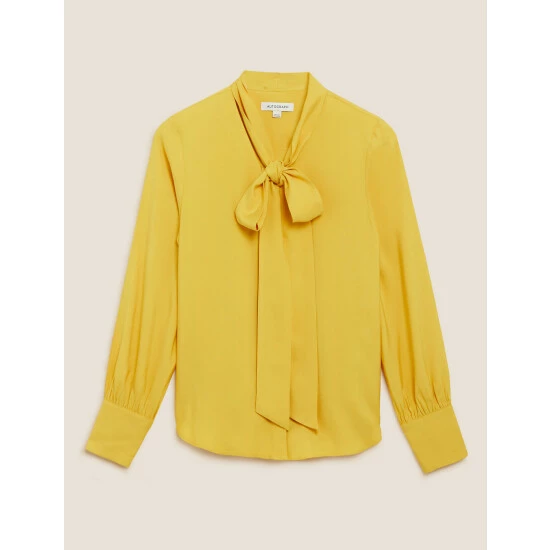 Autograph Tie Neck Long Sleeve Blouse Women Bright Gold 1 Autograph Tie Neck Long Sleeve Blouse Women Bright Gold