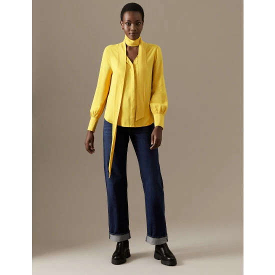 Autograph Tie Neck Long Sleeve Blouse Women Bright Gold 2 Autograph Tie Neck Long Sleeve Blouse Women Bright Gold - Image 2