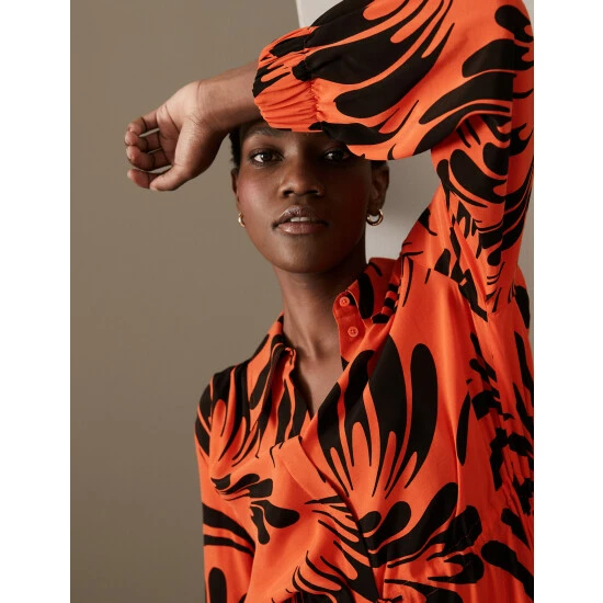 Autograph Cupro Rich Printed Midaxi Shirt Dress Women Orange Mix 2 Autograph Cupro Rich Printed Midaxi Shirt Dress Women Orange Mix - Image 2