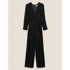 Autograph Belted Long Sleeve Wrap Jumpsuit With Wool Women Black