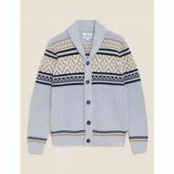 M&S Collection Cotton Blend Fair Isle Cardigan Men Grey Mix