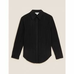 Autograph Jersey Plisse Collared Relaxed Shirt Women Black