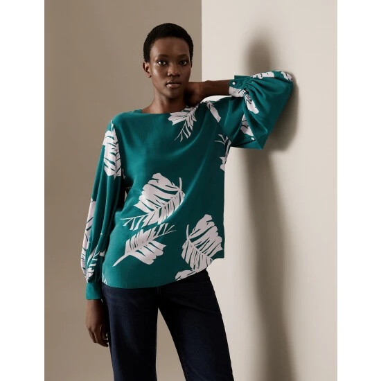 Autograph Cupro Rich Printed Blouson Sleeve Blouse Women Green Mix 2 Autograph Cupro Rich Printed Blouson Sleeve Blouse Women Green Mix - Image 2