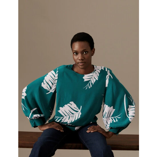 Autograph Cupro Rich Printed Blouson Sleeve Blouse Women Green Mix 3 Autograph Cupro Rich Printed Blouson Sleeve Blouse Women Green Mix - Image 3