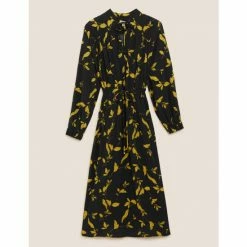 Autograph Floral Belted Maxi Waisted Dress Women Gold Mix
