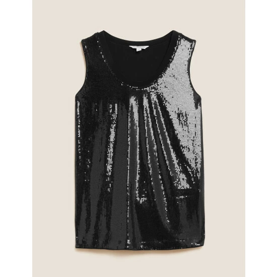 Autograph Sequin Round Neck Cami Top Women Black 1 Autograph Sequin Round Neck Cami Top Women Black