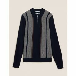 Autograph Striped Zip Neck Knitted Polo Shirt Men Navy