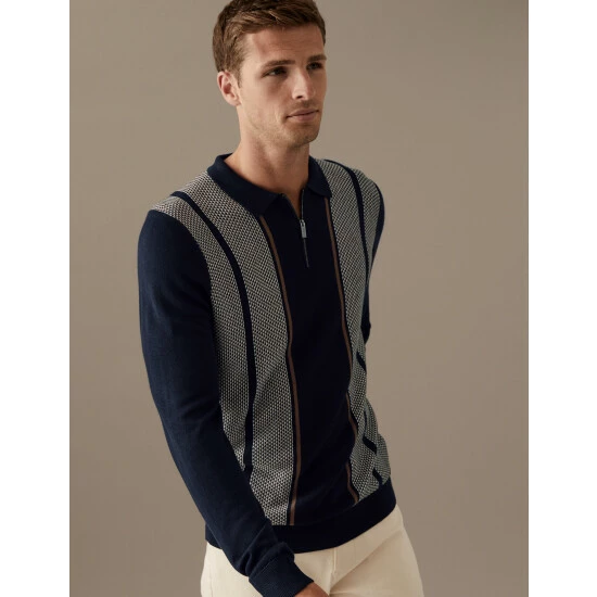Autograph Striped Zip Neck Knitted Polo Shirt Men Navy 2 Autograph Striped Zip Neck Knitted Polo Shirt Men Navy - Image 2