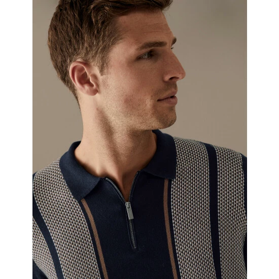 Autograph Striped Zip Neck Knitted Polo Shirt Men Navy 4 Autograph Striped Zip Neck Knitted Polo Shirt Men Navy - Image 4