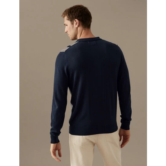 Autograph Striped Zip Neck Knitted Polo Shirt Men Navy 5 Autograph Striped Zip Neck Knitted Polo Shirt Men Navy - Image 5