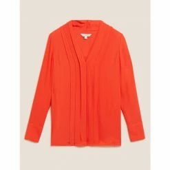 Autograph Pleated V-Neck Long Sleeve Blouse Women Chambray