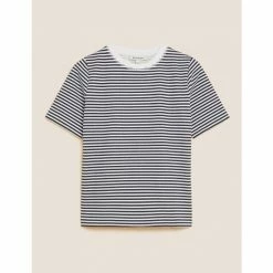 Autograph Cotton Rich Striped Crew Neck T-Shirt Women Navy Mix