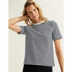 Autograph Cotton Rich Striped Crew Neck T-Shirt Women Navy Mix -autograph Shop unnamed file 2666