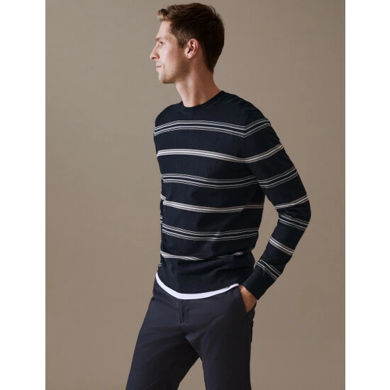 Autograph Premium Cotton Rich Striped Jumper Men Dark Navy 3 Autograph Premium Cotton Rich Striped Jumper Men Dark Navy - Image 3