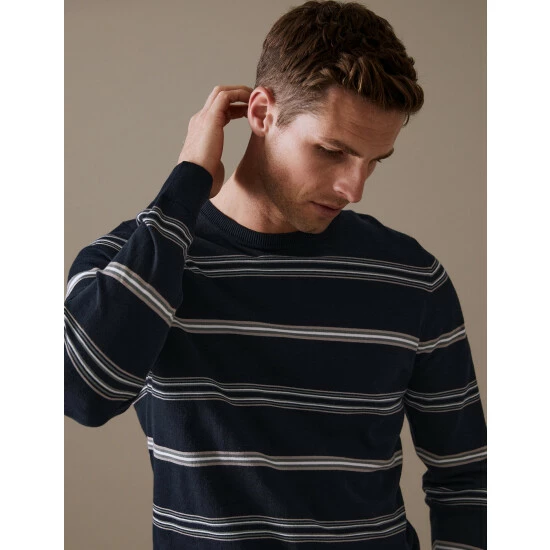 Autograph Premium Cotton Rich Striped Jumper Men Dark Navy 4 Autograph Premium Cotton Rich Striped Jumper Men Dark Navy - Image 4