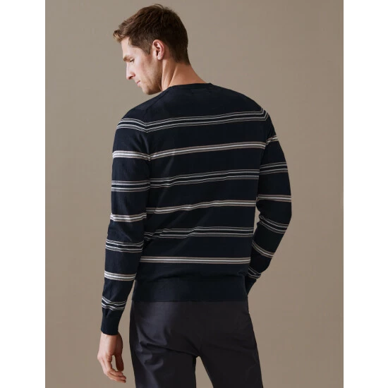 Autograph Premium Cotton Rich Striped Jumper Men Dark Navy 5 Autograph Premium Cotton Rich Striped Jumper Men Dark Navy - Image 5