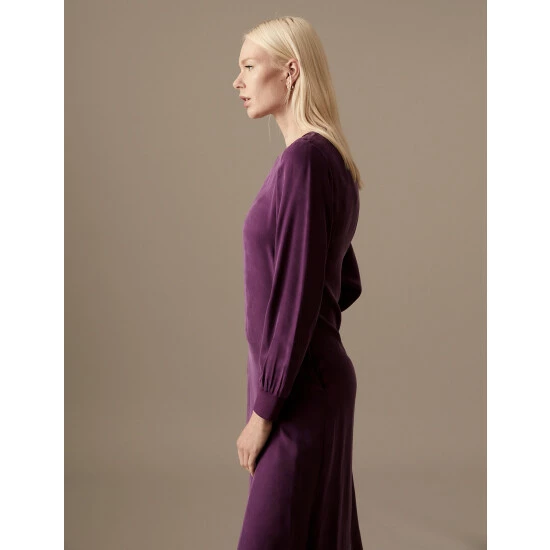 Autograph Cupro Rich Round Neck Midaxi Waisted Dress Women Deep Mauve 2 Autograph Cupro Rich Round Neck Midaxi Waisted Dress Women Deep Mauve - Image 2