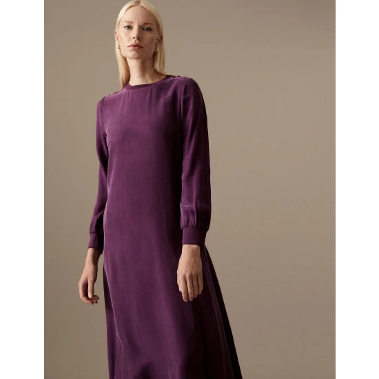 Autograph Cupro Rich Round Neck Midaxi Waisted Dress Women Deep Mauve 5 Autograph Cupro Rich Round Neck Midaxi Waisted Dress Women Deep Mauve - Image 5