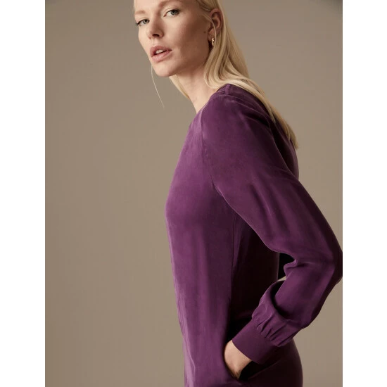 Autograph Cupro Rich Round Neck Midaxi Waisted Dress Women Deep Mauve 6 Autograph Cupro Rich Round Neck Midaxi Waisted Dress Women Deep Mauve - Image 6