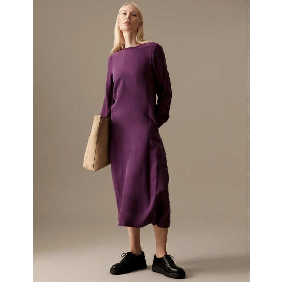 Autograph Cupro Rich Round Neck Midaxi Waisted Dress Women Deep Mauve 7 Autograph Cupro Rich Round Neck Midaxi Waisted Dress Women Deep Mauve - Image 7