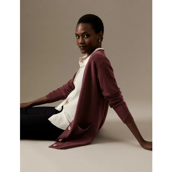 Autograph Pure Cashmere V-Neck Button Front Cardigan Women Dark Burgundy 2 Autograph Pure Cashmere V-Neck Button Front Cardigan Women Dark Burgundy - Image 2