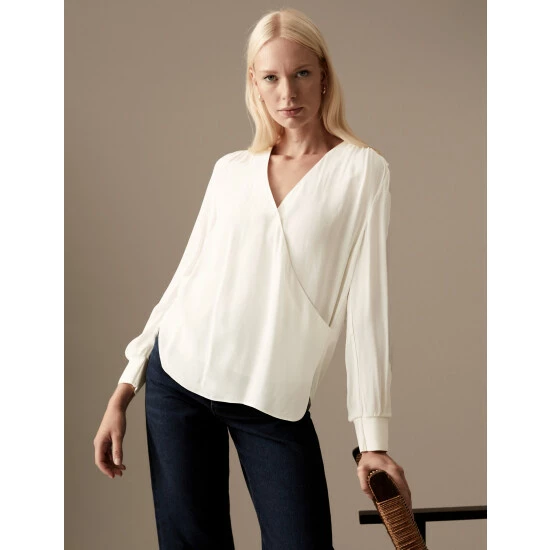 Autograph V-Neck Long Sleeve Wrap Top Women Ivory 2 Autograph V-Neck Long Sleeve Wrap Top Women Ivory - Image 2