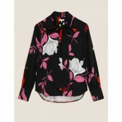 Autograph Floral Scarf Neck Long Sleeve Blouse Women Black