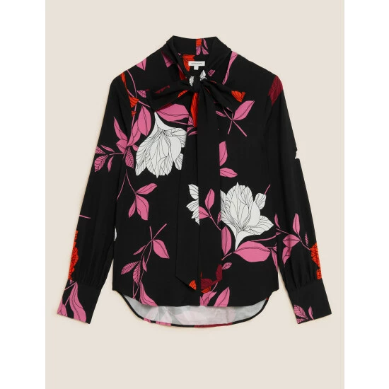 Autograph Floral Scarf Neck Long Sleeve Blouse Women Black 1 Autograph Floral Scarf Neck Long Sleeve Blouse Women Black