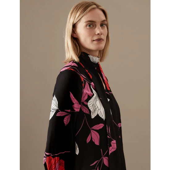 Autograph Floral Scarf Neck Long Sleeve Blouse Women Black 2 Autograph Floral Scarf Neck Long Sleeve Blouse Women Black - Image 2