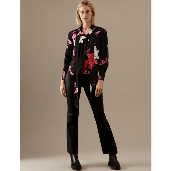 Autograph Floral Scarf Neck Long Sleeve Blouse Women Black 4 Autograph Floral Scarf Neck Long Sleeve Blouse Women Black - Image 4