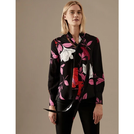 Autograph Floral Scarf Neck Long Sleeve Blouse Women Black 6 Autograph Floral Scarf Neck Long Sleeve Blouse Women Black - Image 6