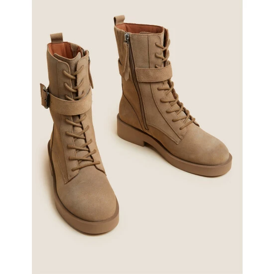 Autograph Suede Biker Buckle Lace Up Boots Women Taupe 1 Autograph Suede Biker Buckle Lace Up Boots Women Taupe