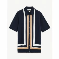 Autograph Cotton Modal Striped Knitted Polo Shirt Men Dark Navy Mix