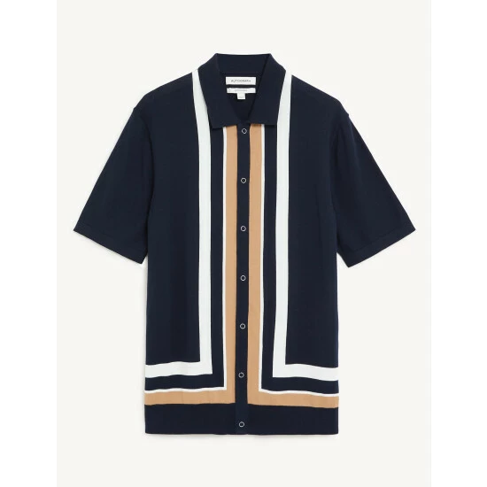Autograph Cotton Modal Striped Knitted Polo Shirt Men Dark Navy Mix 1 Autograph Cotton Modal Striped Knitted Polo Shirt Men Dark Navy Mix