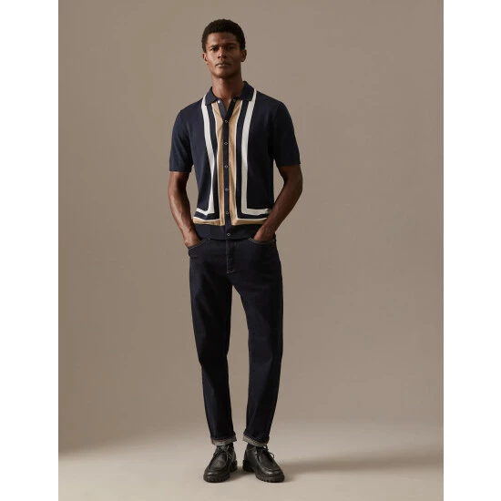 Autograph Cotton Modal Striped Knitted Polo Shirt Men Dark Navy Mix 3 Autograph Cotton Modal Striped Knitted Polo Shirt Men Dark Navy Mix - Image 3