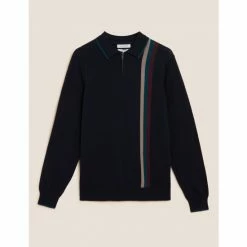 Autograph Pure Cotton Striped Knitted Polo Shirt Men Navy Mix