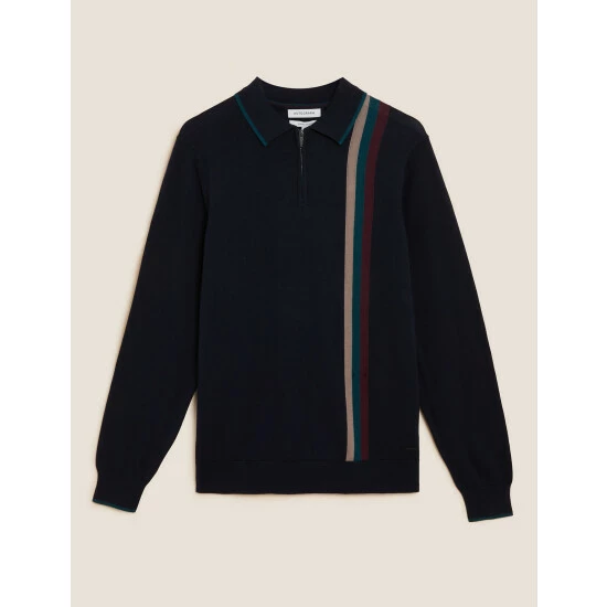 Autograph Pure Cotton Striped Knitted Polo Shirt Men Navy Mix 1 Autograph Pure Cotton Striped Knitted Polo Shirt Men Navy Mix