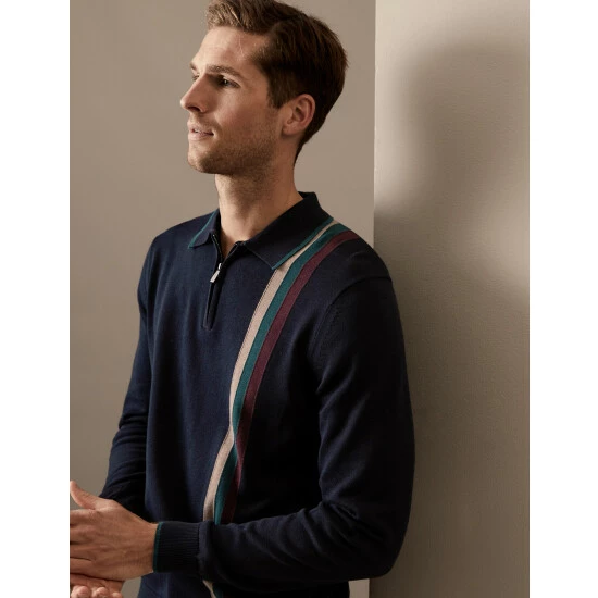 Autograph Pure Cotton Striped Knitted Polo Shirt Men Navy Mix 3 Autograph Pure Cotton Striped Knitted Polo Shirt Men Navy Mix - Image 3
