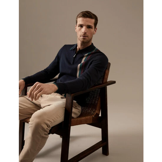 Autograph Pure Cotton Striped Knitted Polo Shirt Men Navy Mix 5 Autograph Pure Cotton Striped Knitted Polo Shirt Men Navy Mix - Image 5