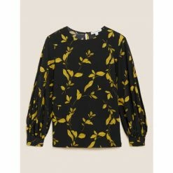 Autograph Leaf Print Blouson Sleeve Blouse Women Black Mix