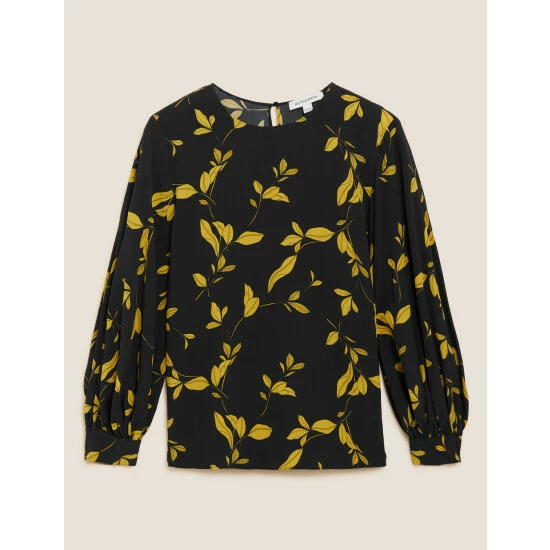 Autograph Leaf Print Blouson Sleeve Blouse Women Black Mix 1 Autograph Leaf Print Blouson Sleeve Blouse Women Black Mix