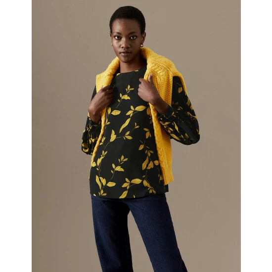 Autograph Leaf Print Blouson Sleeve Blouse Women Black Mix 3 Autograph Leaf Print Blouson Sleeve Blouse Women Black Mix - Image 3