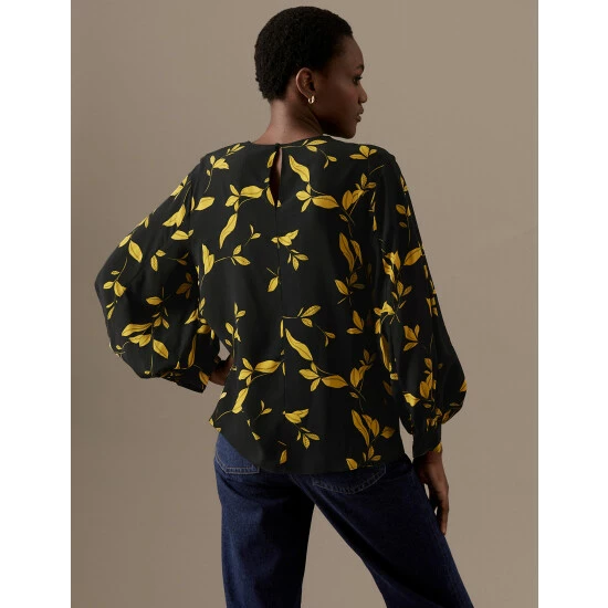 Autograph Leaf Print Blouson Sleeve Blouse Women Black Mix 5 Autograph Leaf Print Blouson Sleeve Blouse Women Black Mix - Image 5