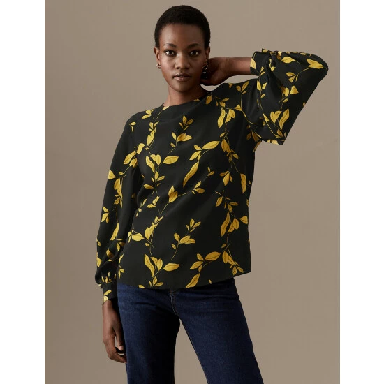 Autograph Leaf Print Blouson Sleeve Blouse Women Black Mix 6 Autograph Leaf Print Blouson Sleeve Blouse Women Black Mix - Image 6