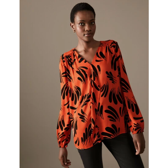 Autograph Printed Drape Neck Blouse Women Orange Mix 4 Autograph Printed Drape Neck Blouse Women Orange Mix - Image 4